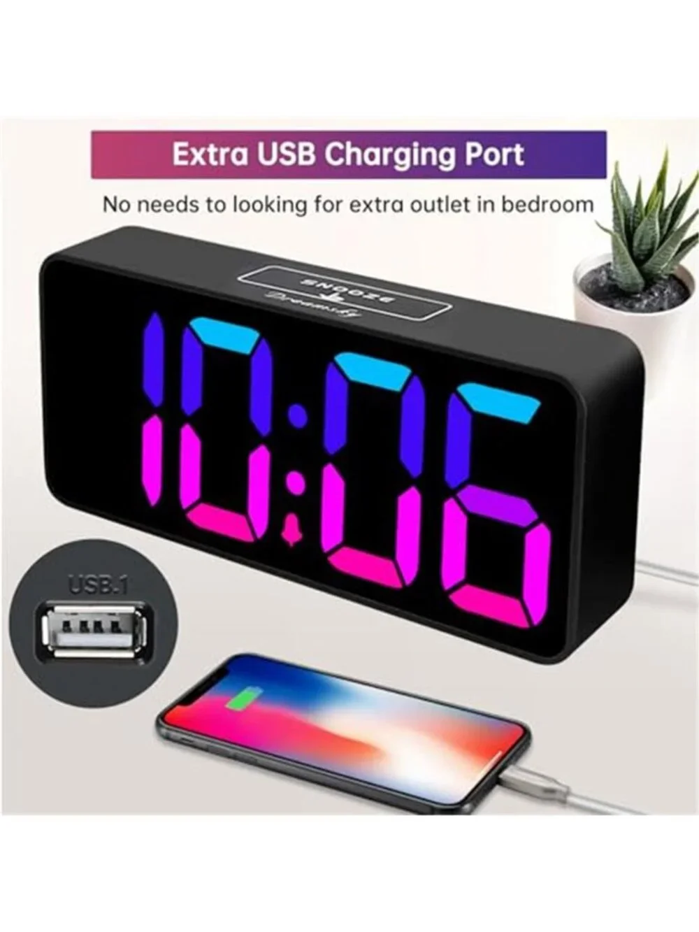 Digital Alarm Clock Large Display Big Numbers RGB Dimmable Loud USB Clock